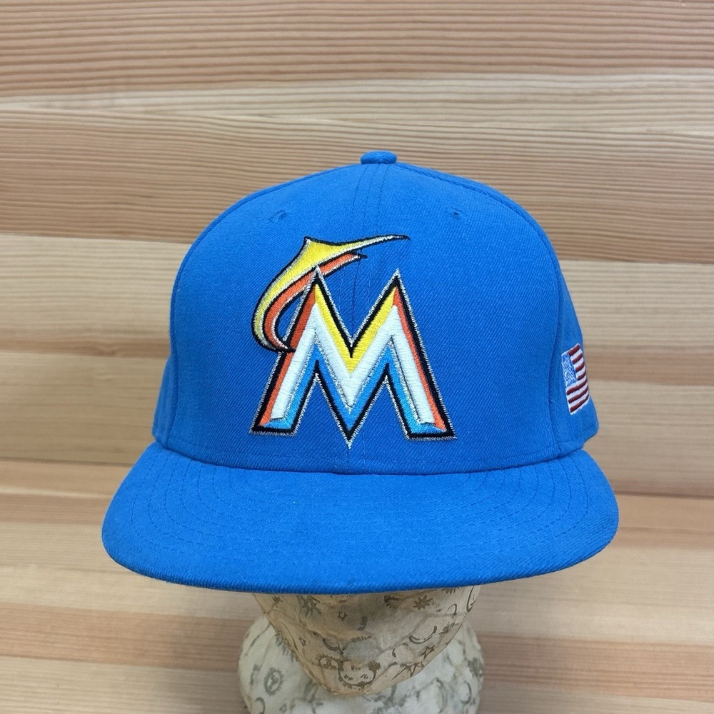 Miami Marlins New Era 7 1/8 Fitted Hat Side USA Flag Patch 5950 Blue Hat